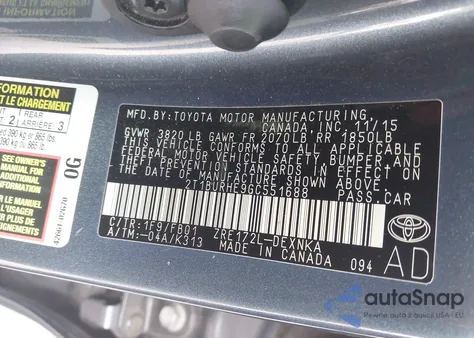 2016 Toyota Corolla Le from USA, damaged, VIN 2T1BURHE9GC551688